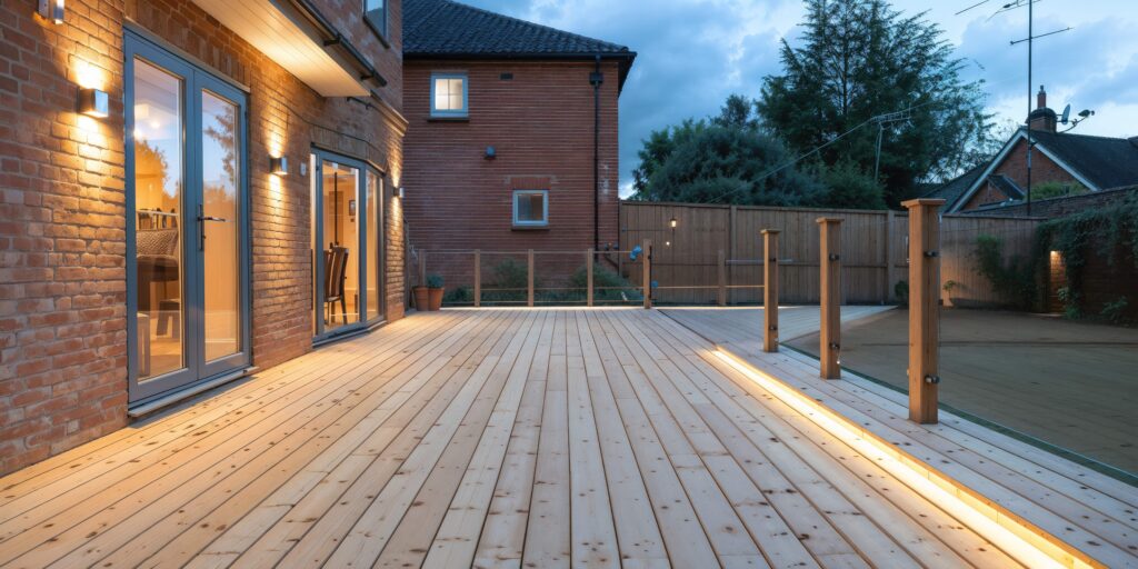 Modern wooden decking with lighting surrounding a backyard